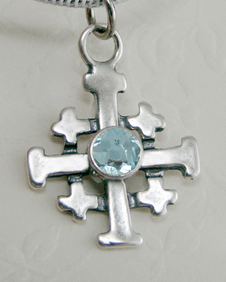 Sterling Silver Small Jerusalem Cross Pendant With Blue Topaz